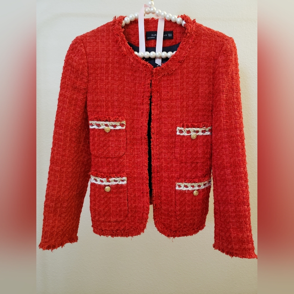 Zara Red Tweed Blazer with Gold Accents